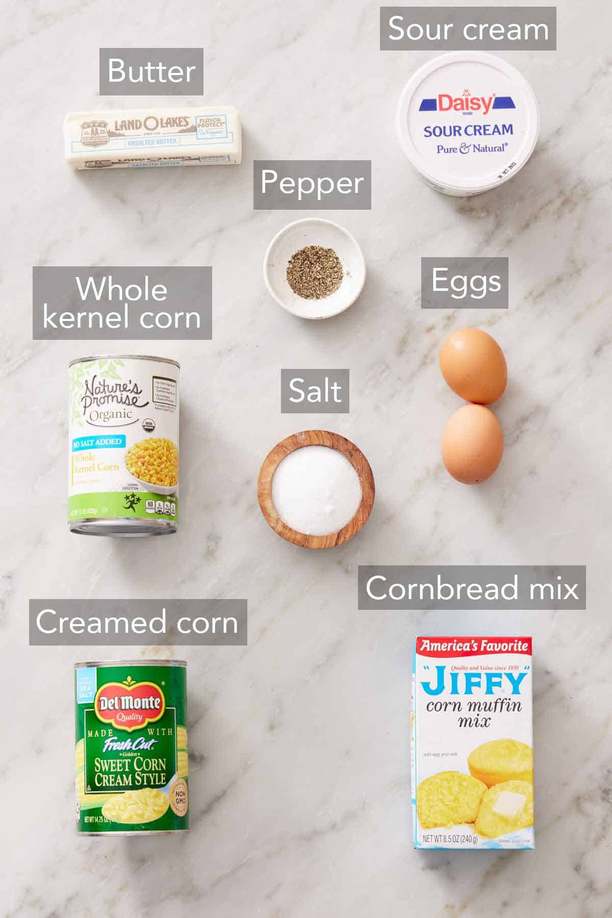 Ingredients needed to make corn casserole.