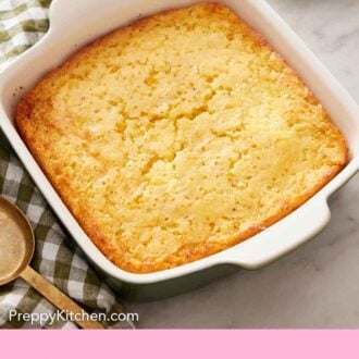 Pinterest graphic of an overhead view of a freshly baked corn casserole.