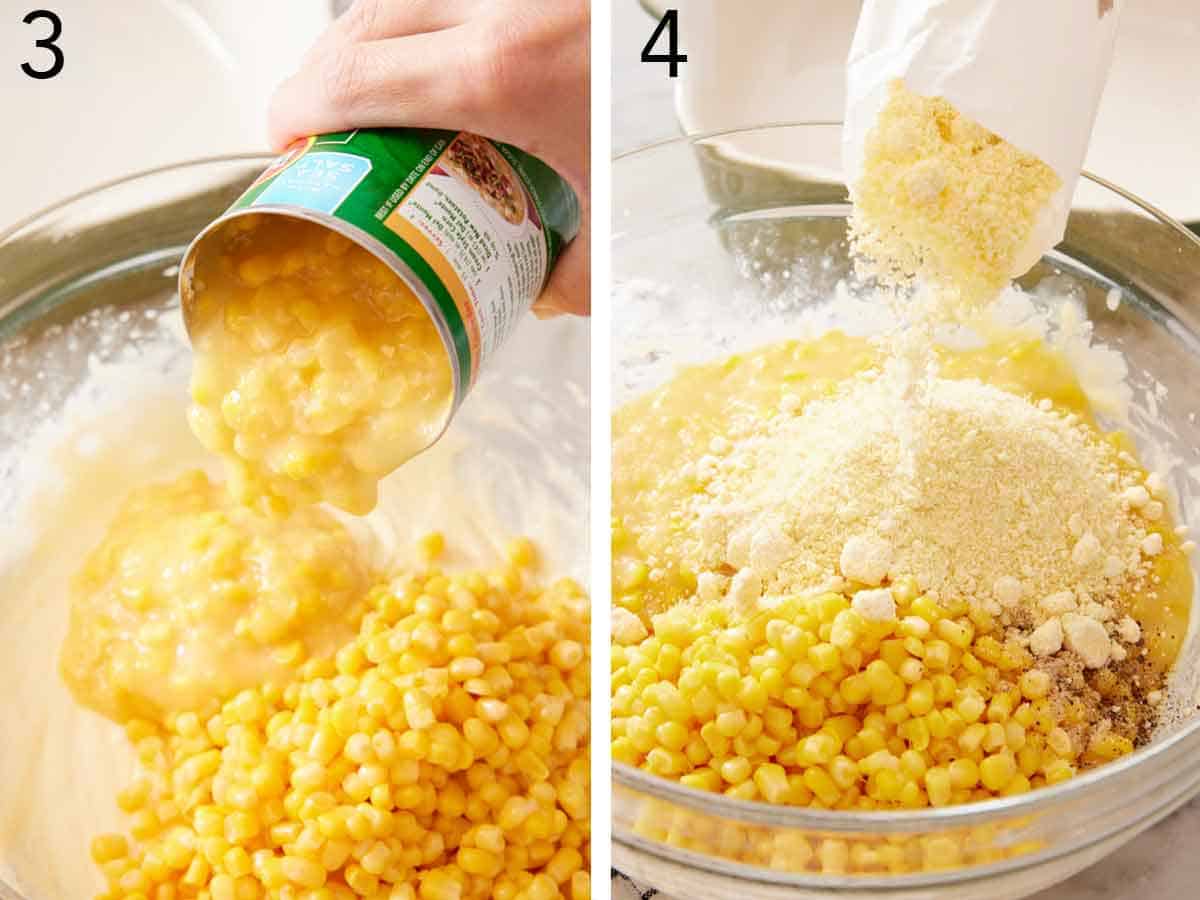 Set of two photos showing creamed corn and cornbread mix added to the bowl.