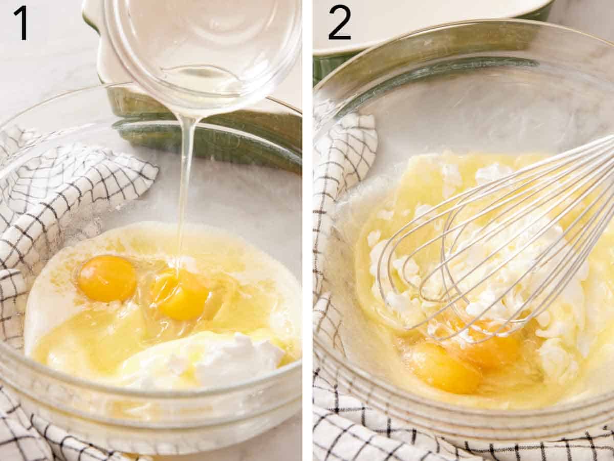 Set of two photos showing sour cream, eggs, and melted butter in a large mixing bowl and whisked together.