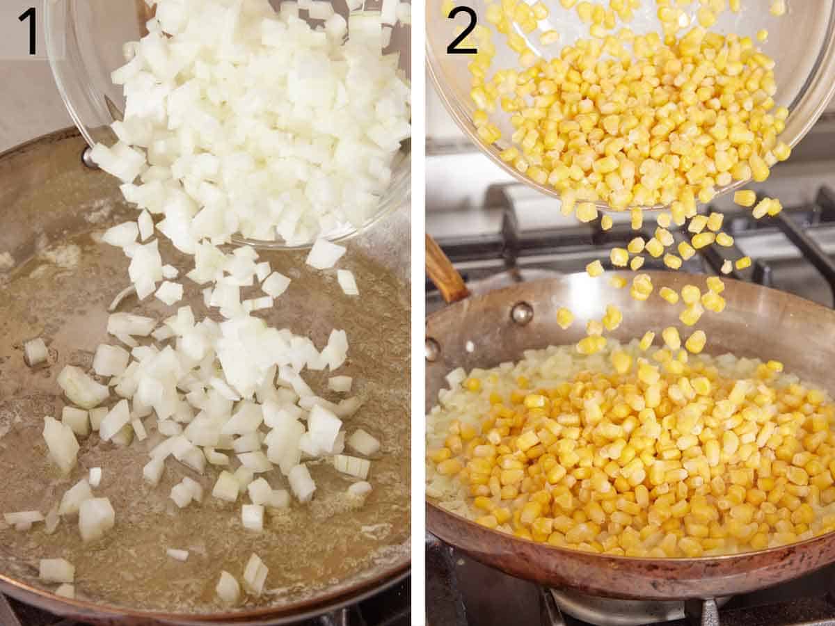 Set of two photos showing onions and corn added to a skillet.