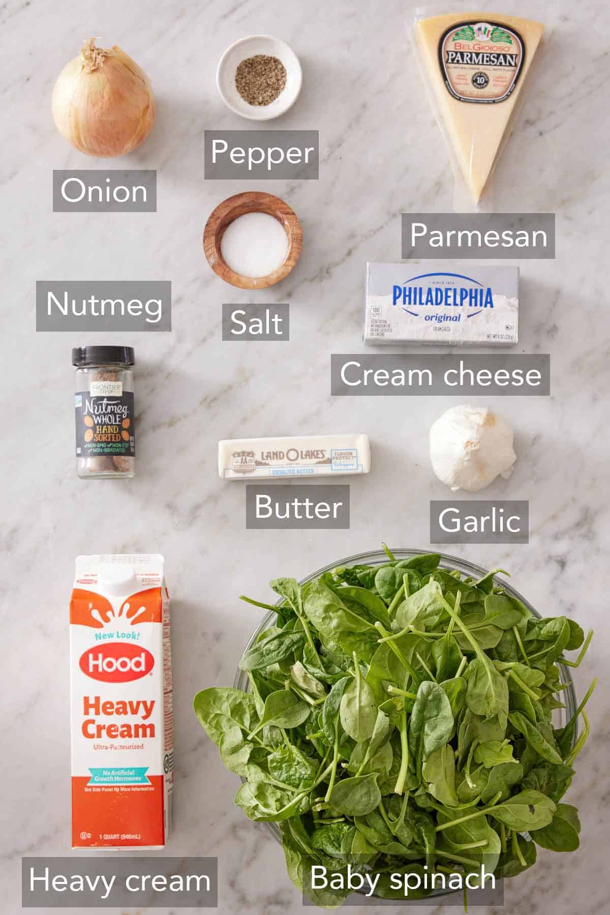 Ingredients needed to make creamed spinach.