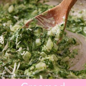 Pinterest graphic of a wooden spoon stirring creamed spinach in a skillet.