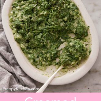 Pinterest graphic of a platter of creamed spinach with a spoonful on it.