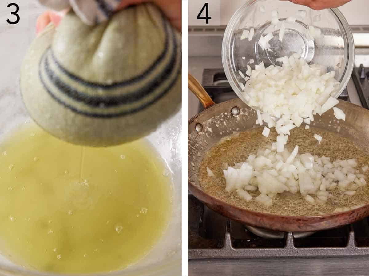 Set of two photos showing the liquid squeezed out of the spinach in a cloth and onions added to a skillet.