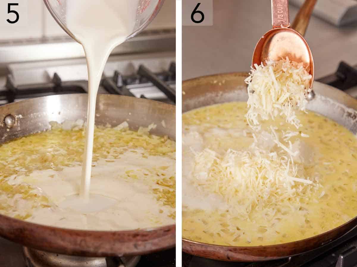 Set of two photos showing heavy cream and parmesan added to a skillet.