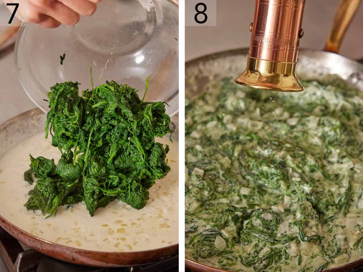 Set of two photos showing the cooked spinach added to the skillet and then topped with pepper.
