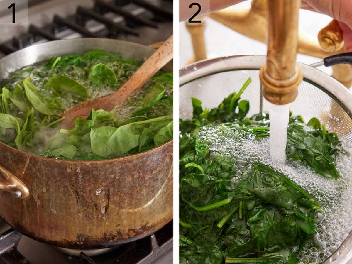 Set of two photos showing spinach cooked in a pot of boiling water then rinsed under water from a tap.