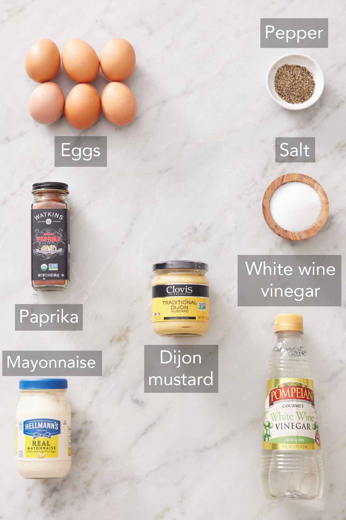 Ingredients needed to make deviled eggs.