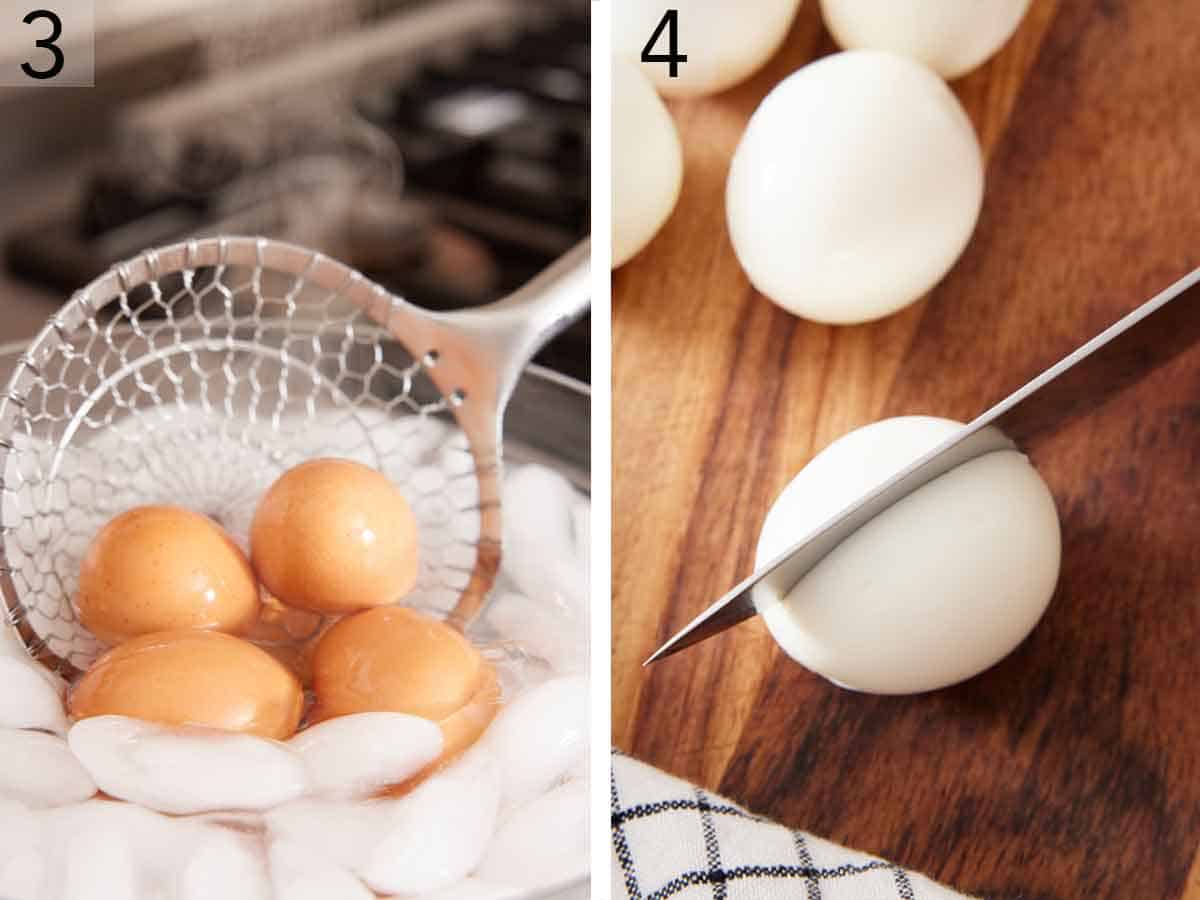 Set of two photos showing eggs transfered to a bowl of ice water then peeled and cut.