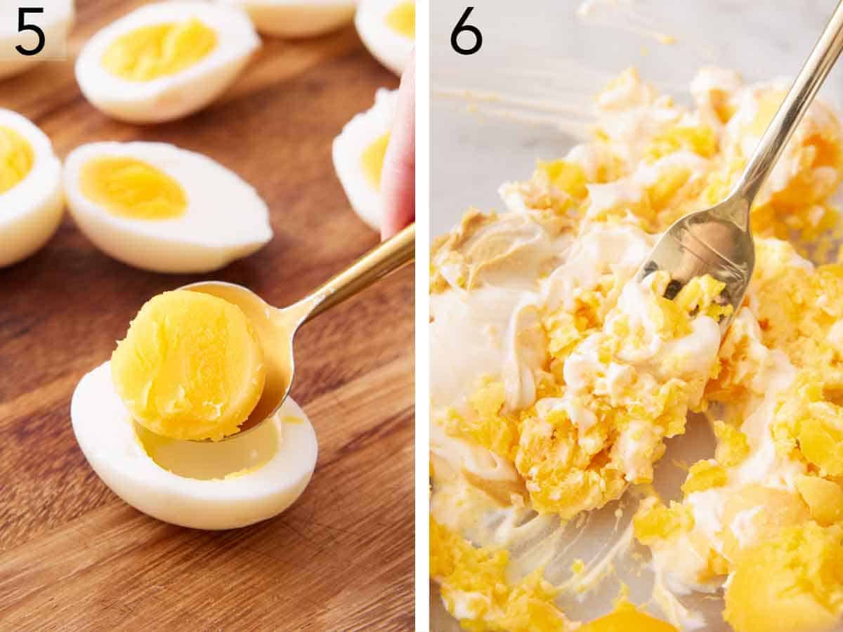 Set of two photos showing the yolks scooped out and mixed with mayonnaise.