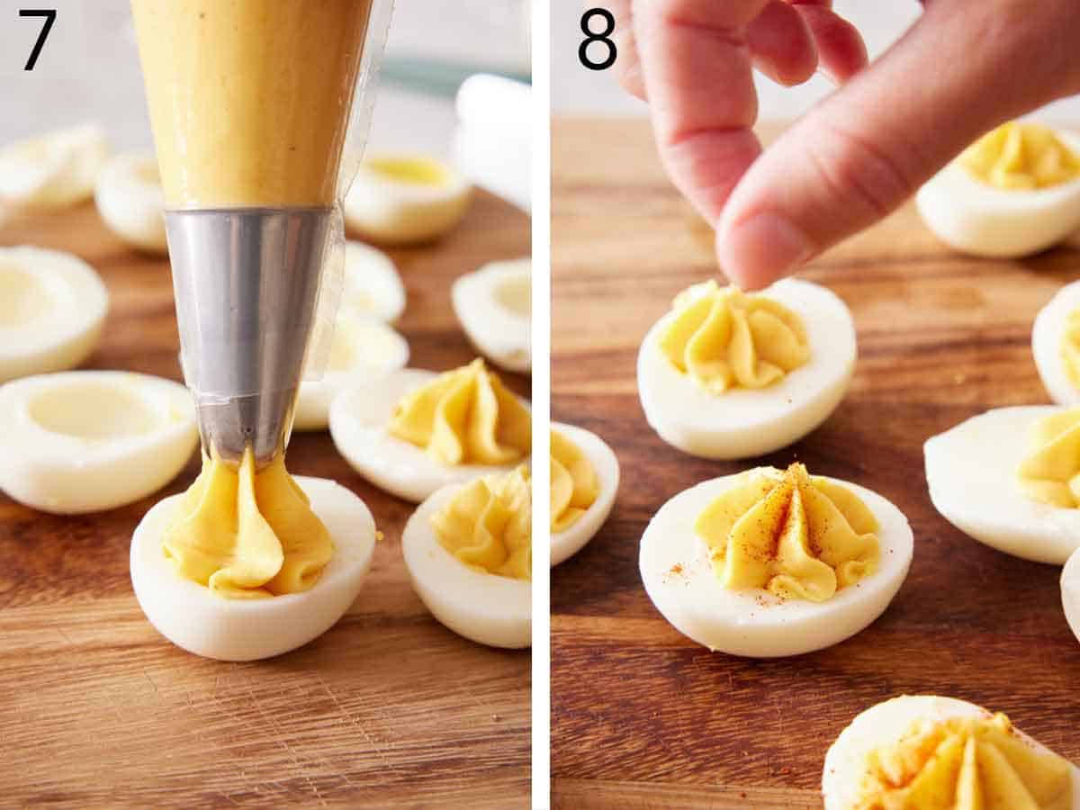 Set of two photos showing filling piped into the egg whites and topped with paprika.