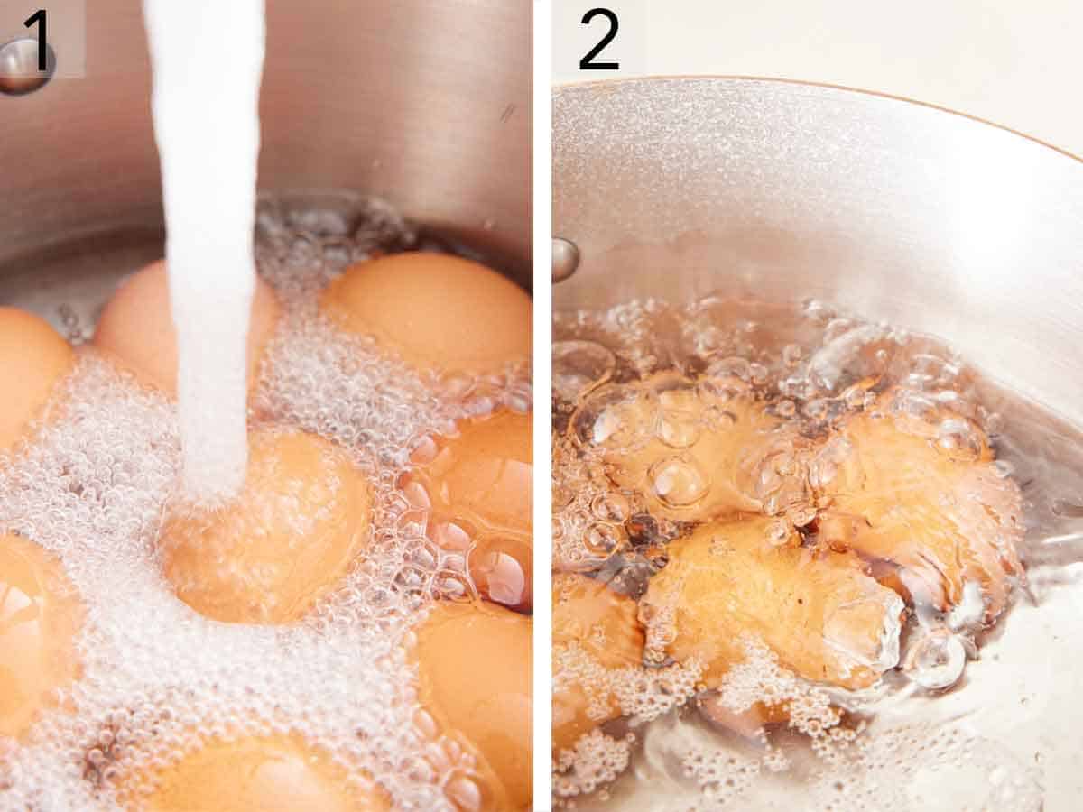 Set of two photos showing water added to a pot of eggs and coming up to a boil.