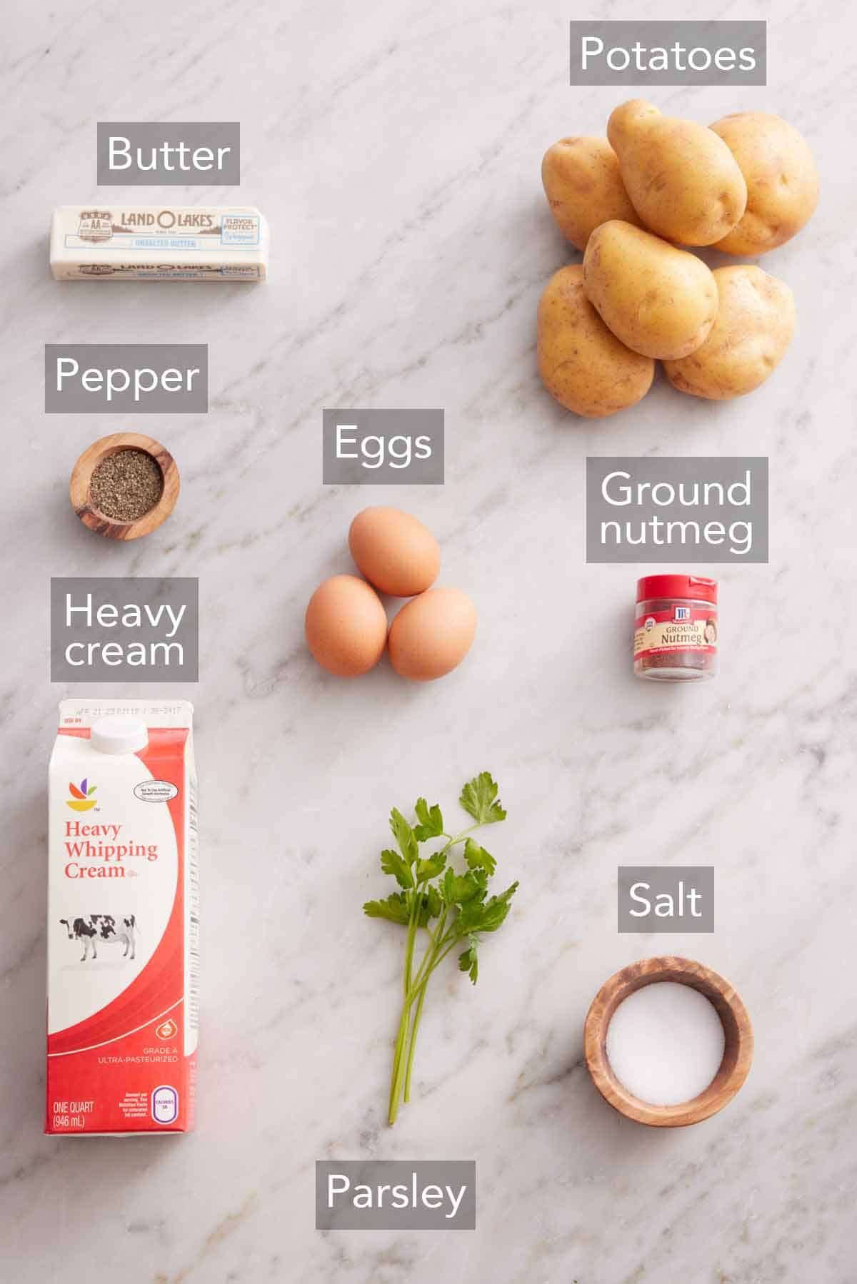 Ingredients needed to make duchess potatoes.
