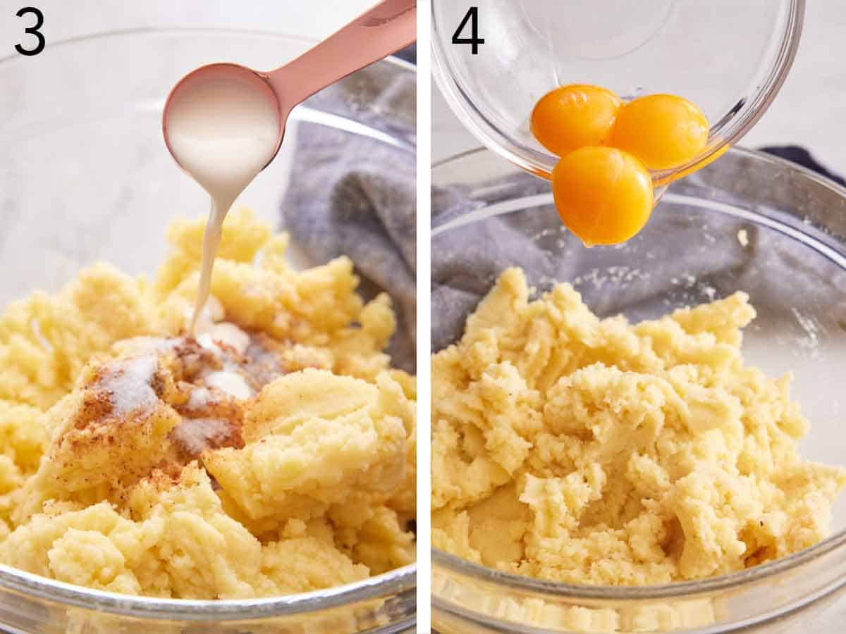 Set of two photos showing ground nutmeg, cream, and eggs added to the bowl of potatoes.