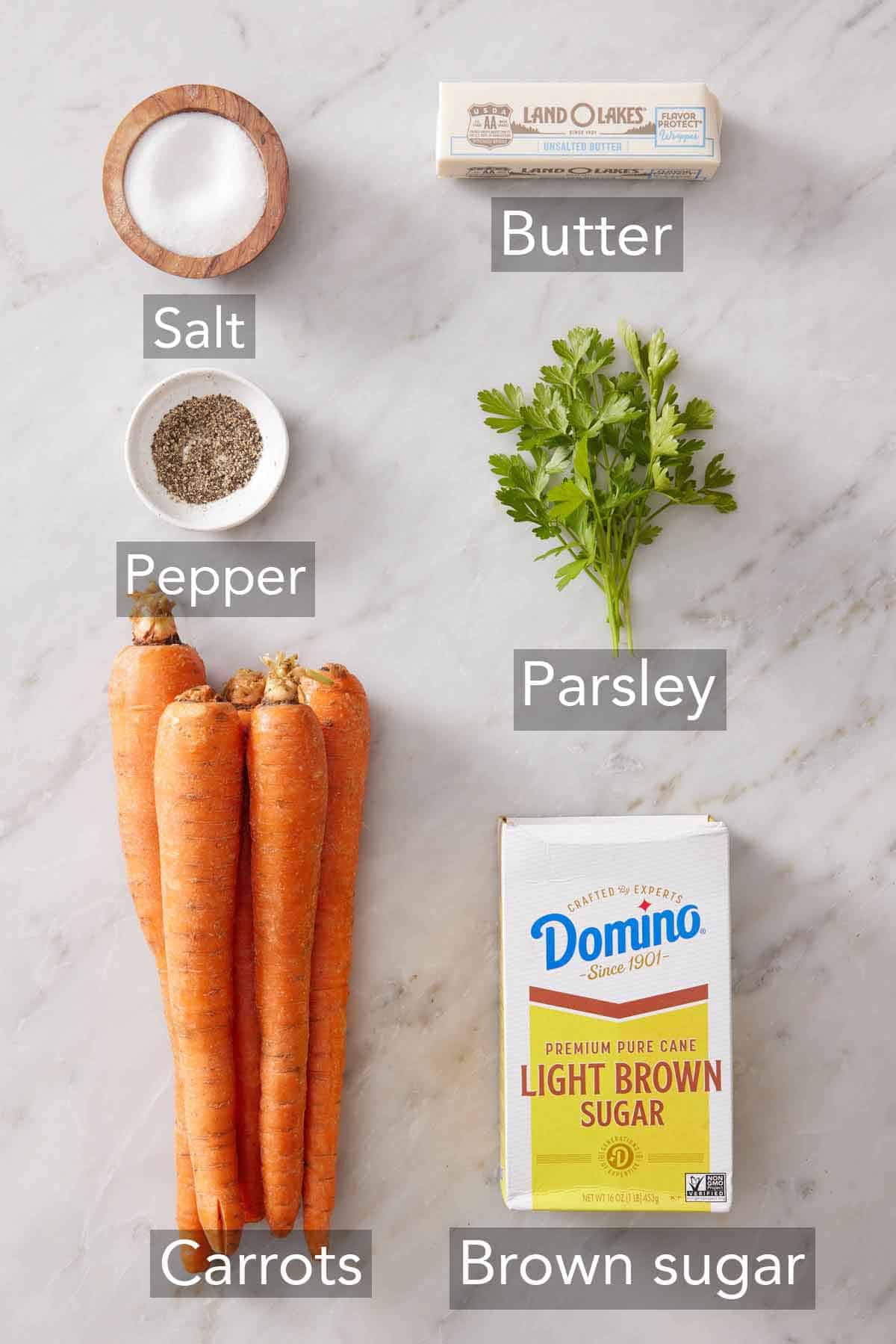 Ingredients needed to make glazed carrots.