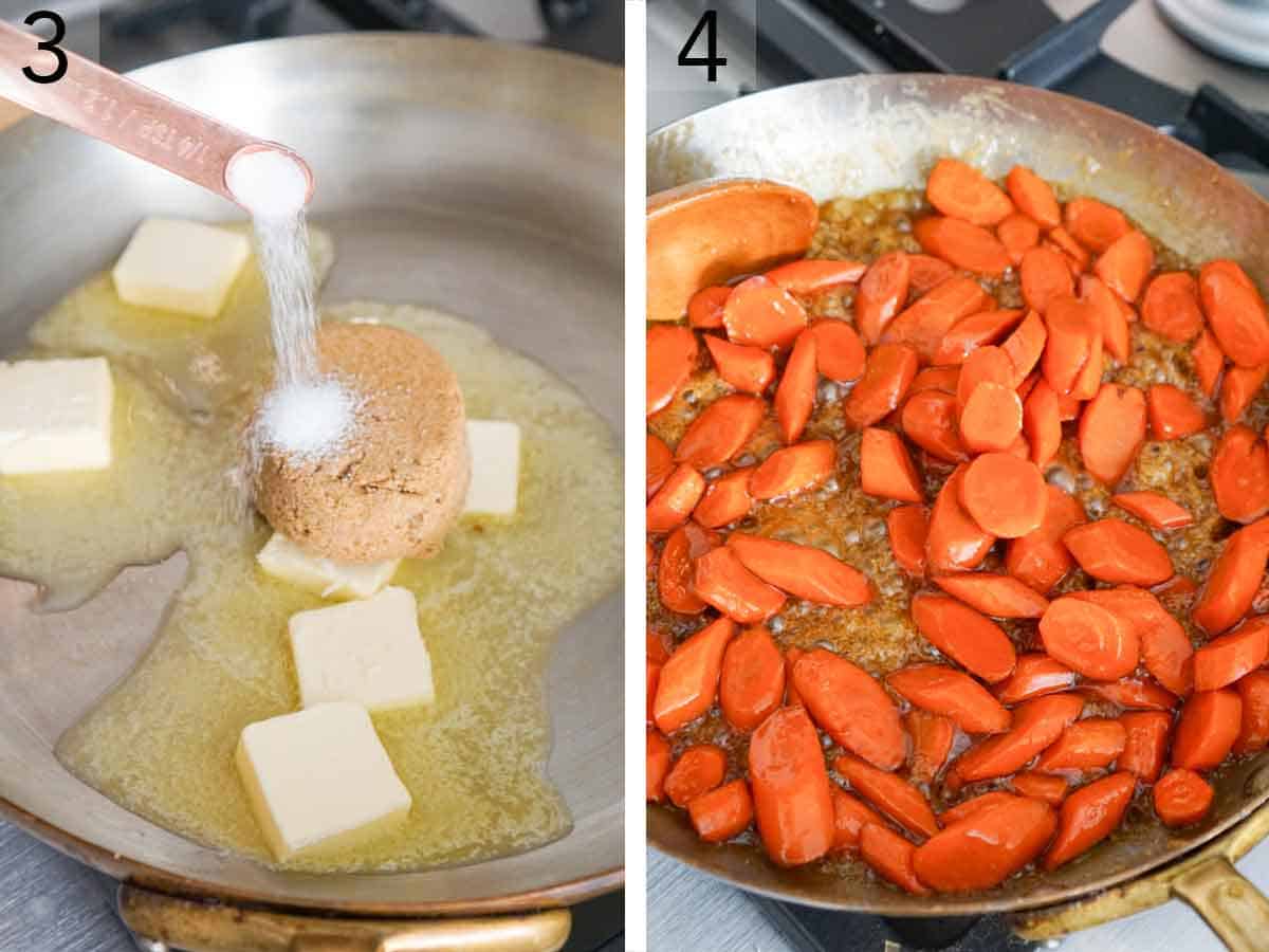 Set of two photos showing butter, brown sugar, and salt added to a skillet then carrots added.