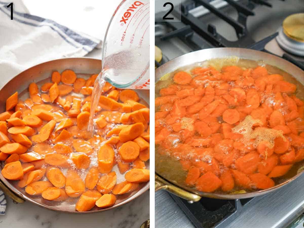 Set of two photos showing carrots cooked in a skillet submerged in water.