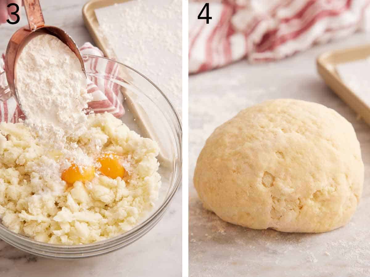 Set of two photos showing eggs and flour added to the bowl of mashed potatoes and a dough ball formed.