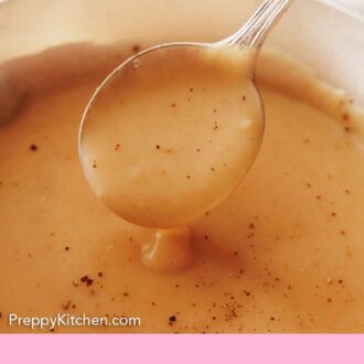 Pinterest graphic of a spoon lifting up gravy from a pot.