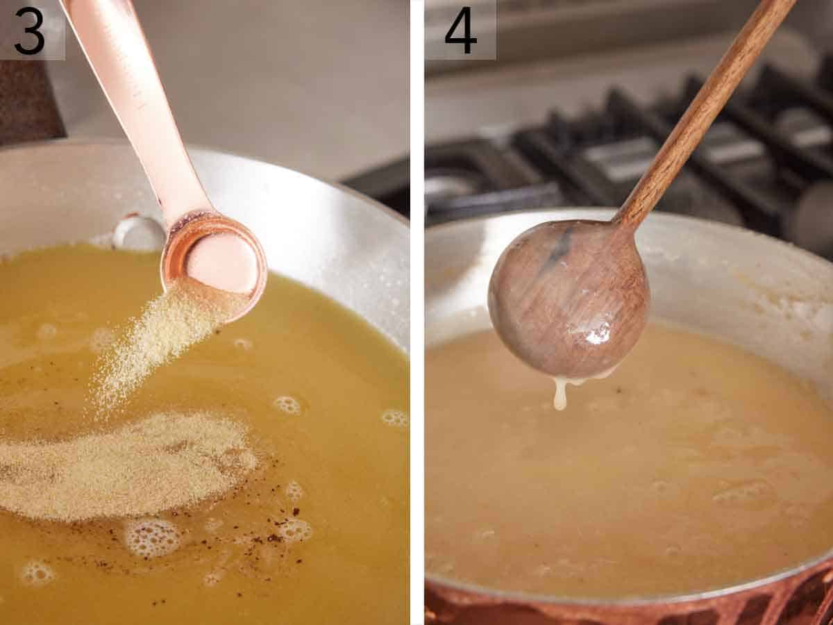 Set of two photos showing onion powder added to the skillet and the desired consistency of the gravy coating the back of a wooden spoon.