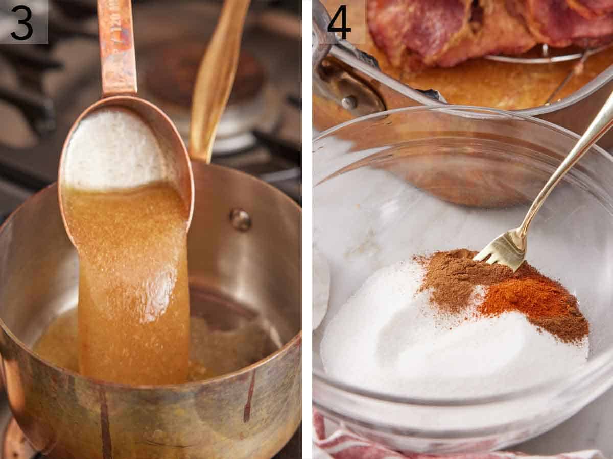 Set of two photos showing pan juices added to a sauce pan and sugar mixed with spices.