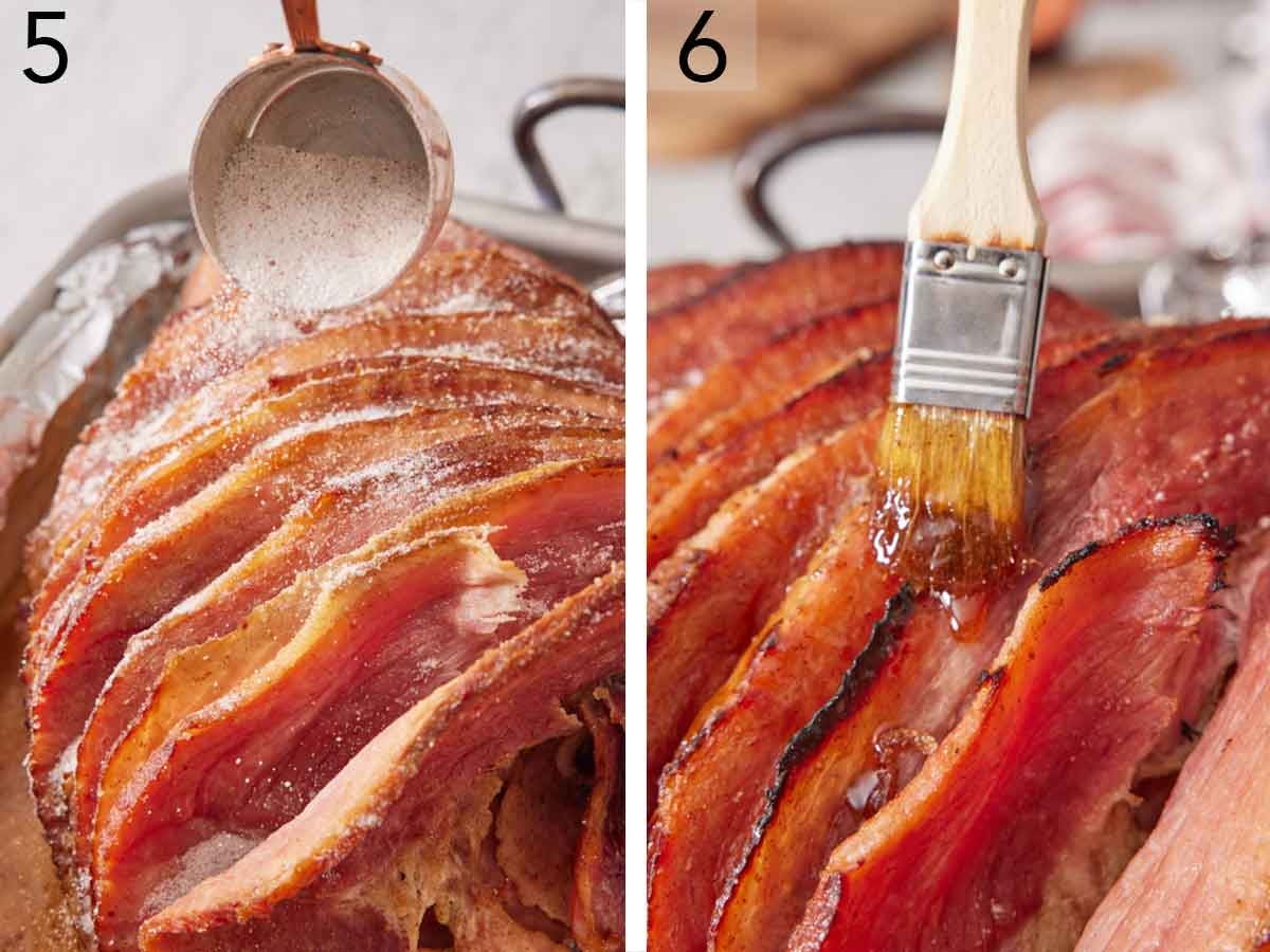 Set of two photos showing the sugar mixture added to the ham and then the pan juices mixture brushed on top of the ham.