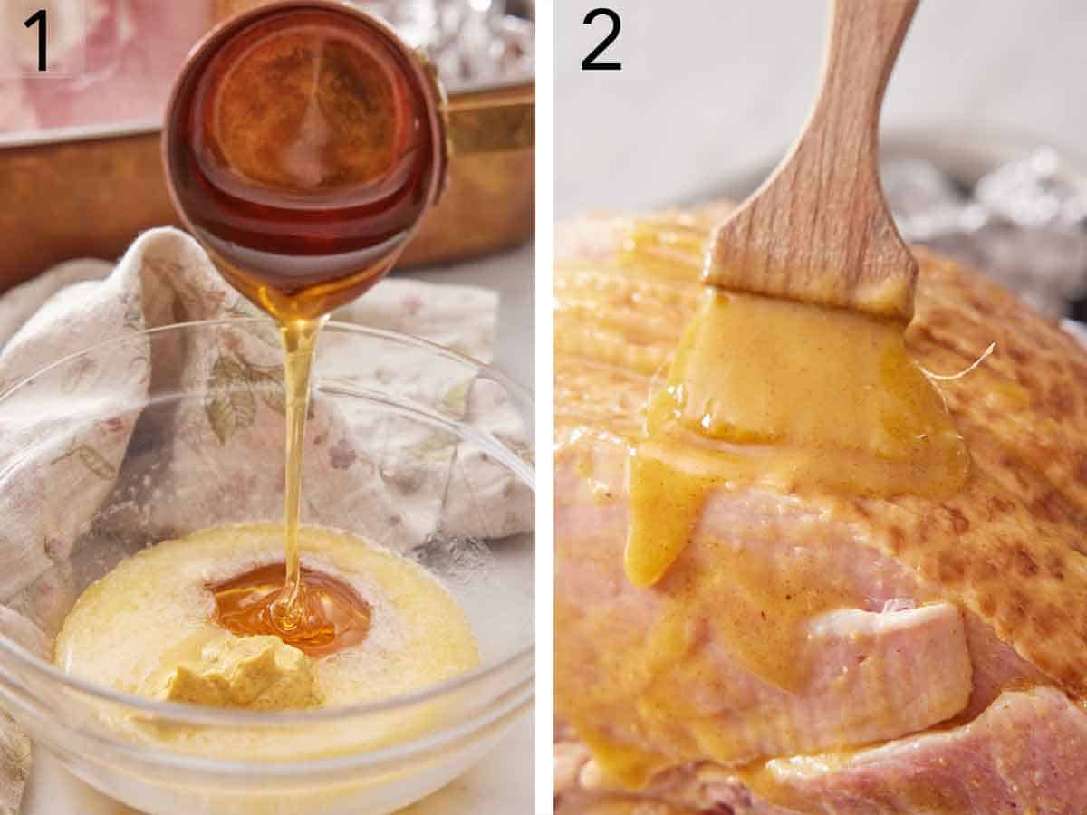 Set of two photos showing honey added to a bowl of melted butter and mustard and then the mixture brushed on ham.