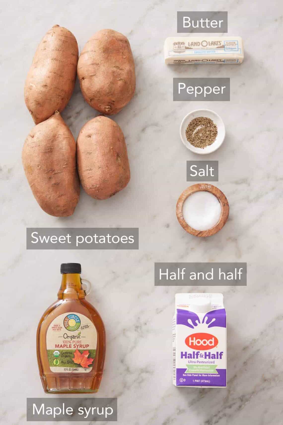 Ingredients needed to make mashed sweet potatoes.