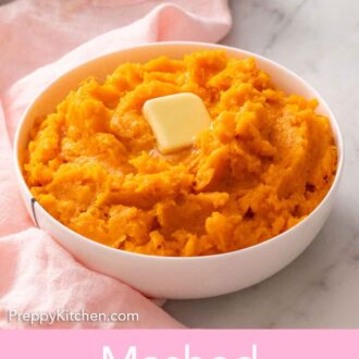 Pinterest graphic of a bowl of mashed sweet potatoes with some slightly melted butter on top. A sweet potato in the background.