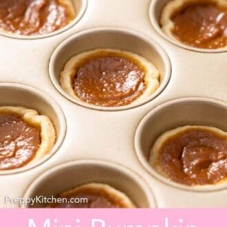 Pinterest graphic of a muffin tin with mini pumpkin pies.