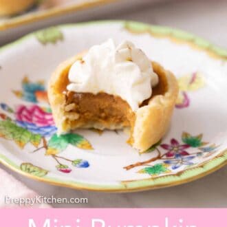 Pinterest graphic of a plate with a mini pumpkin pie with whipped cream on top with a bite taken out.
