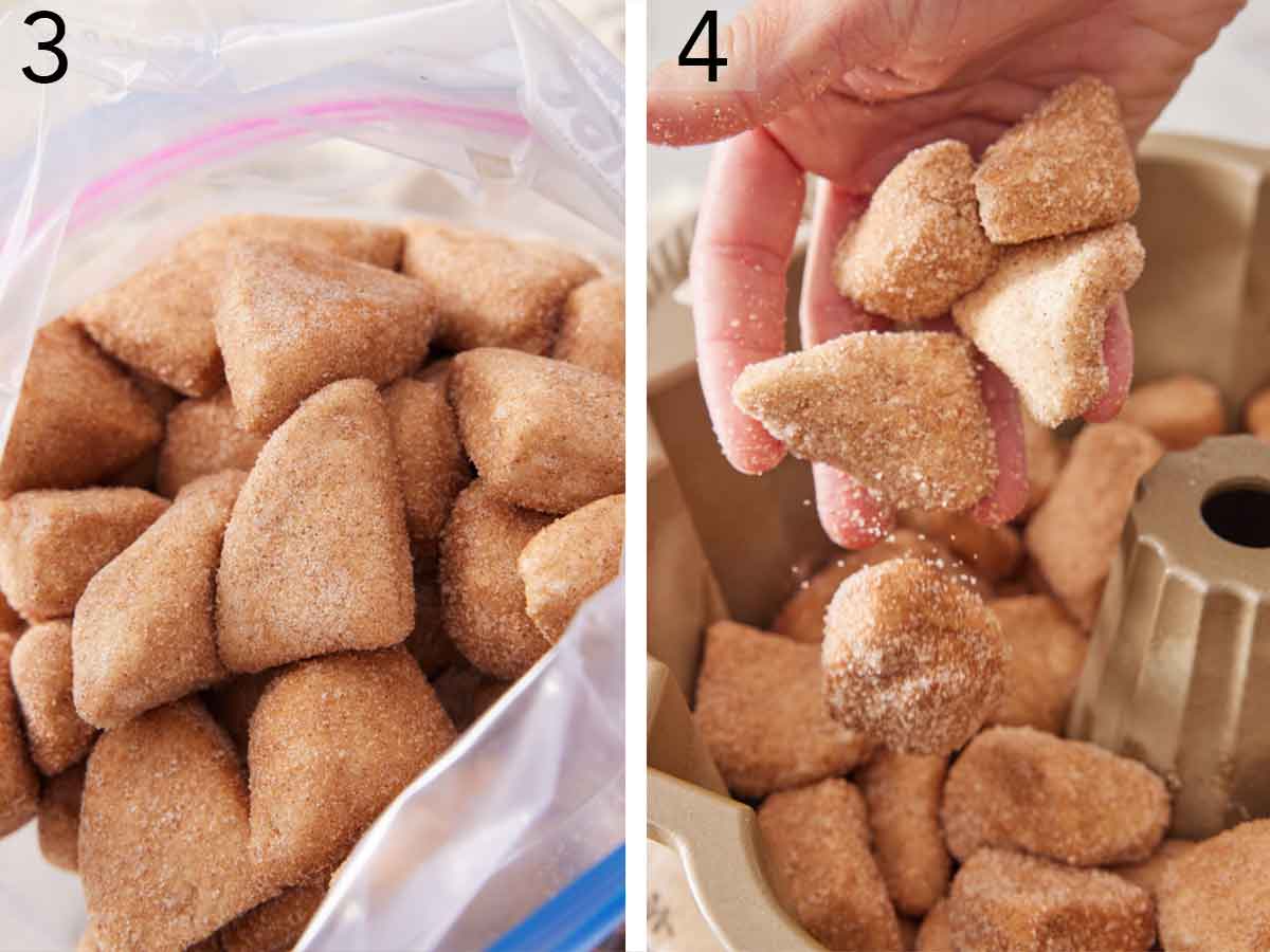 Set of two photos showing coated dough bits in a ziptop bag then added to a bundt pan.