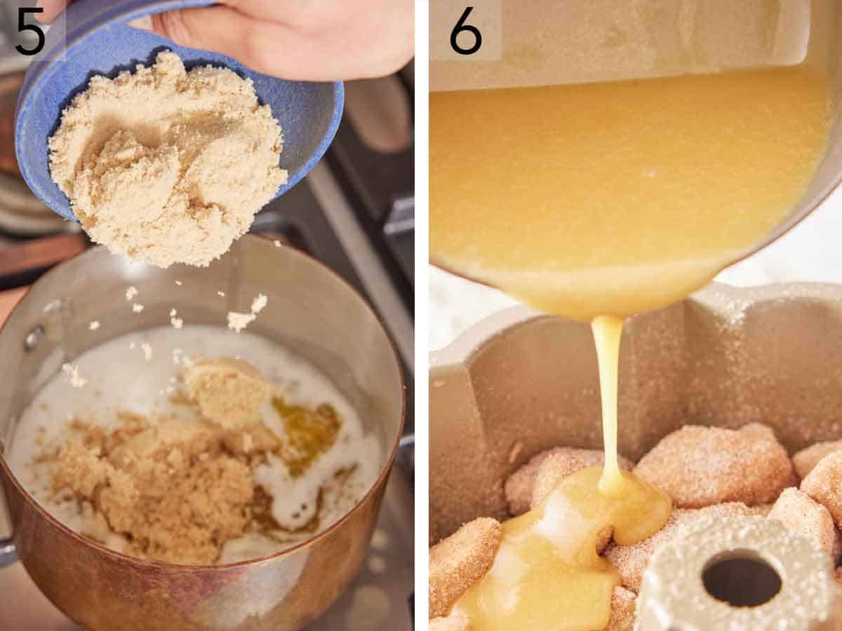 Set of two photos showing brown sugar added to a saucepot and sauce poured over dough.