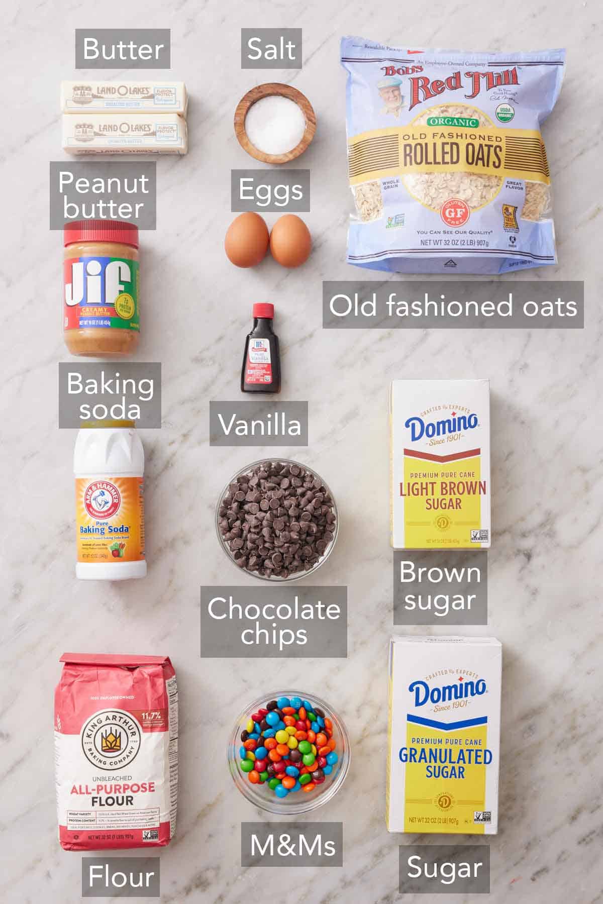 Ingredients needed to make monster cookies.