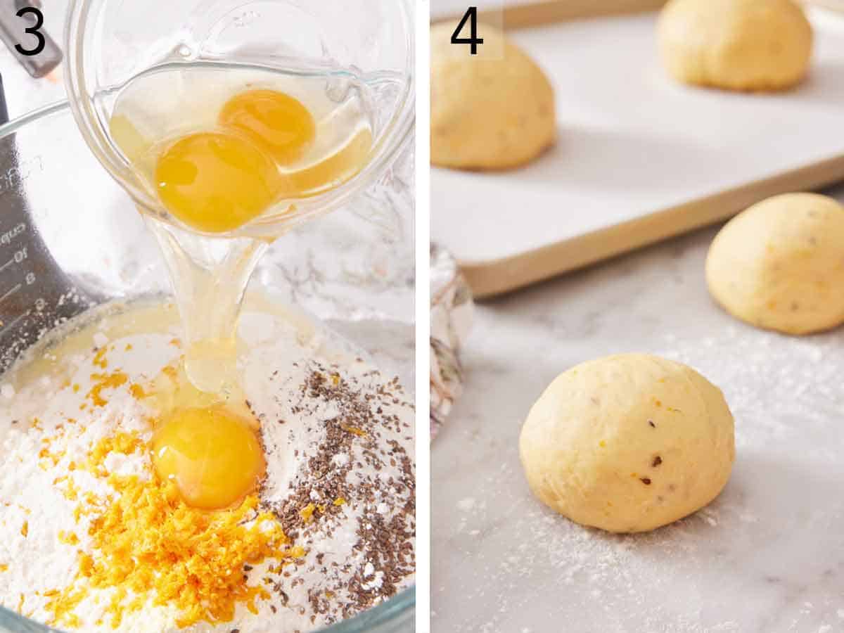 Set of two photos showing eggs added to the bowl of ingredients then dough balls rolled.
