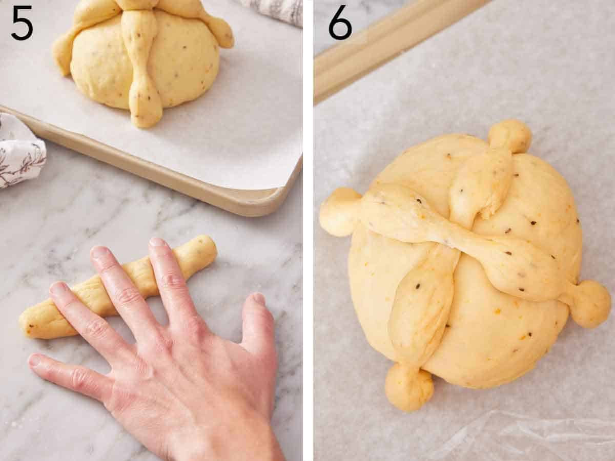 Set of two photos showing dough rolled into logs and shaped over a round dough ball.