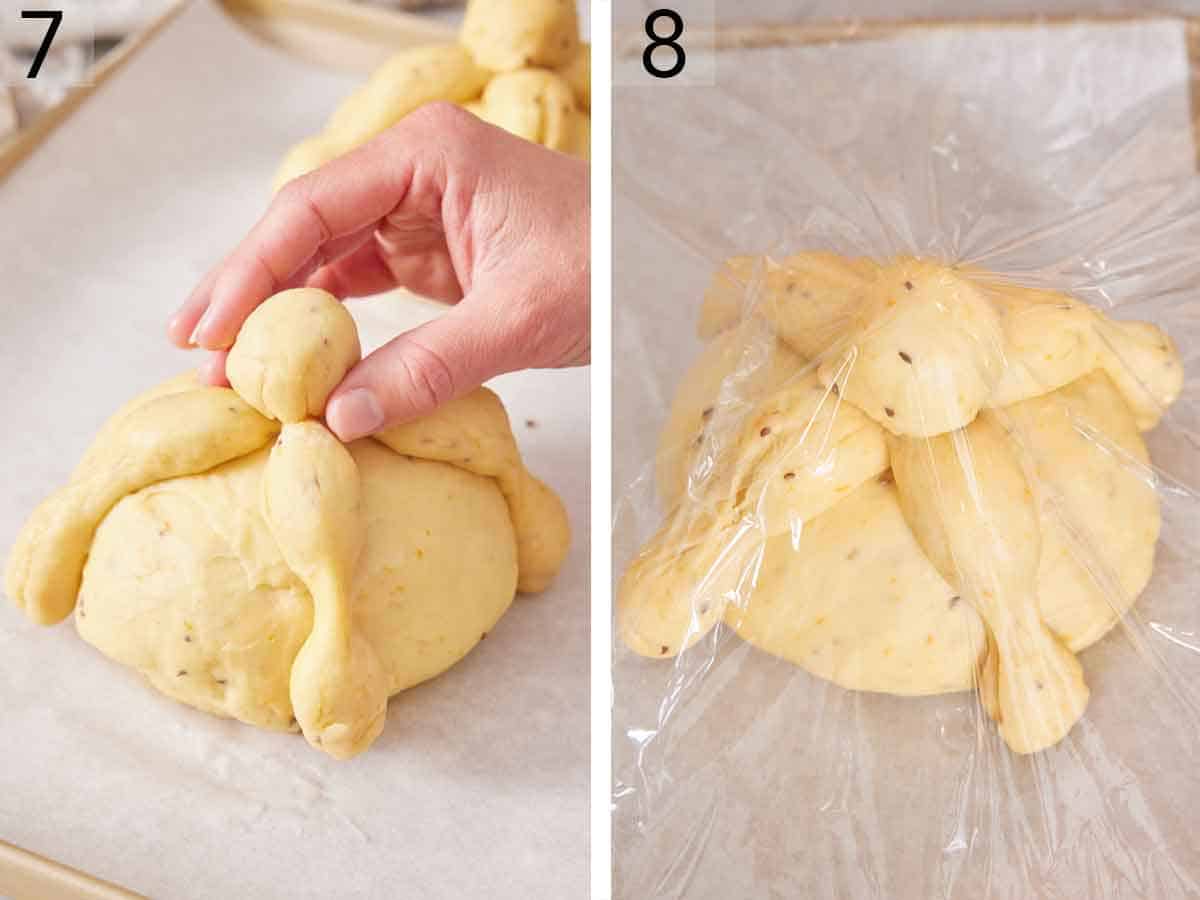 Set of two photos showing a small dough ball placed over the dough and covered with plastic wrap.