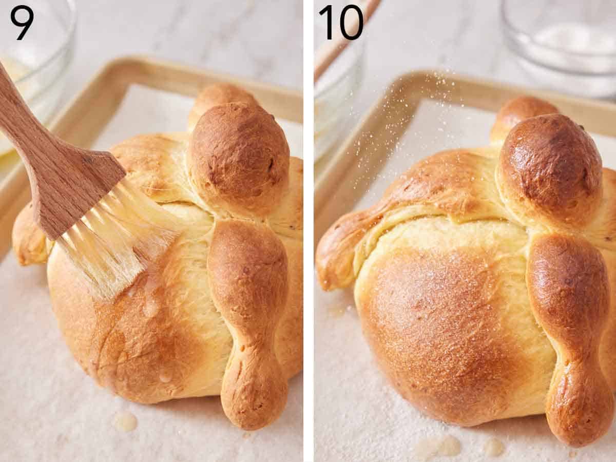 Set of two photos showing butter brushed over the baked bread and sugar sprinkled over top.