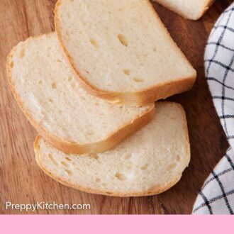 Pinterest graphic of three slices of potato bread on a wooden cutting board.