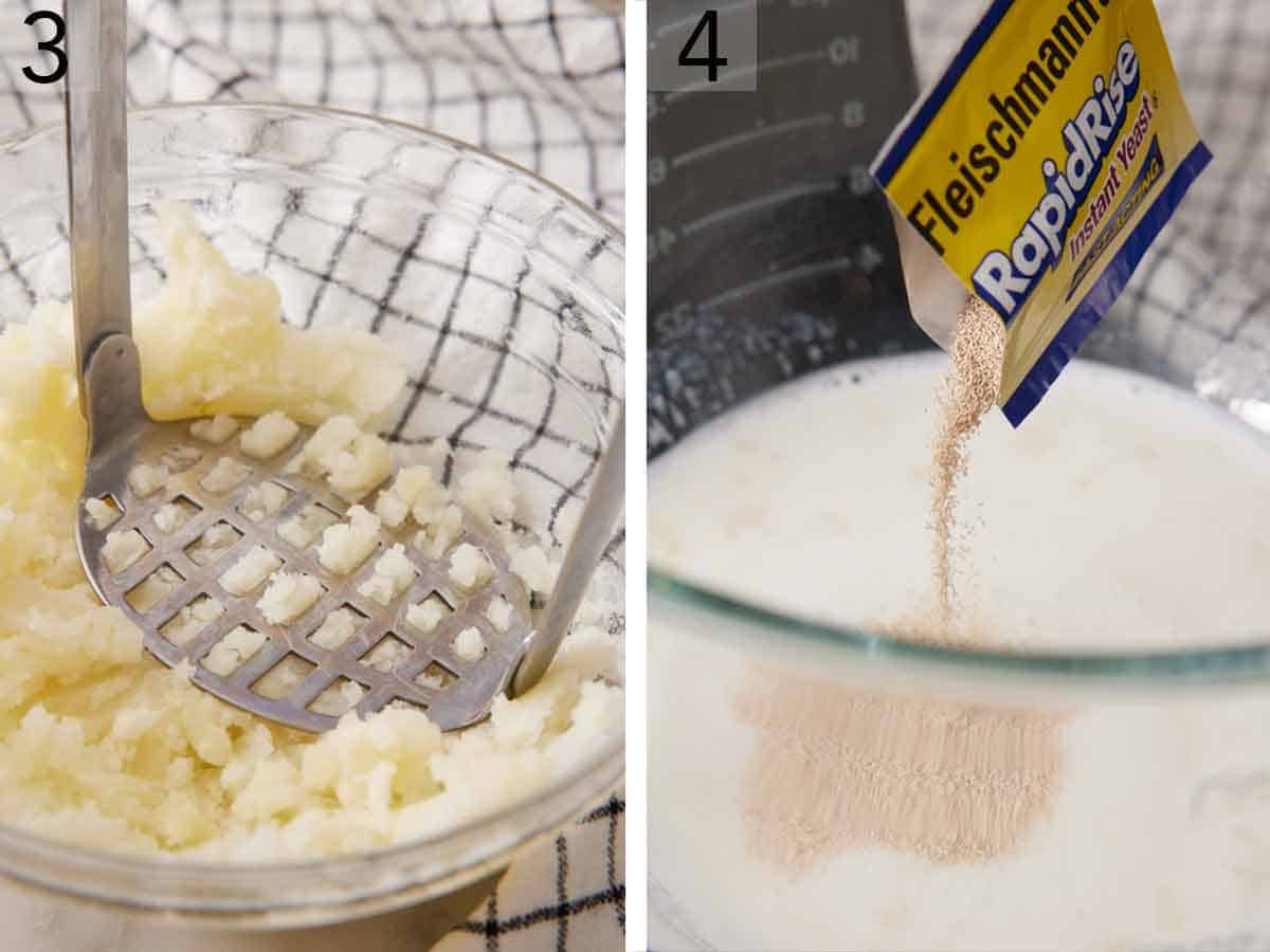 Set of two photos potatoes mashed and yeast added to a bowl of milk.