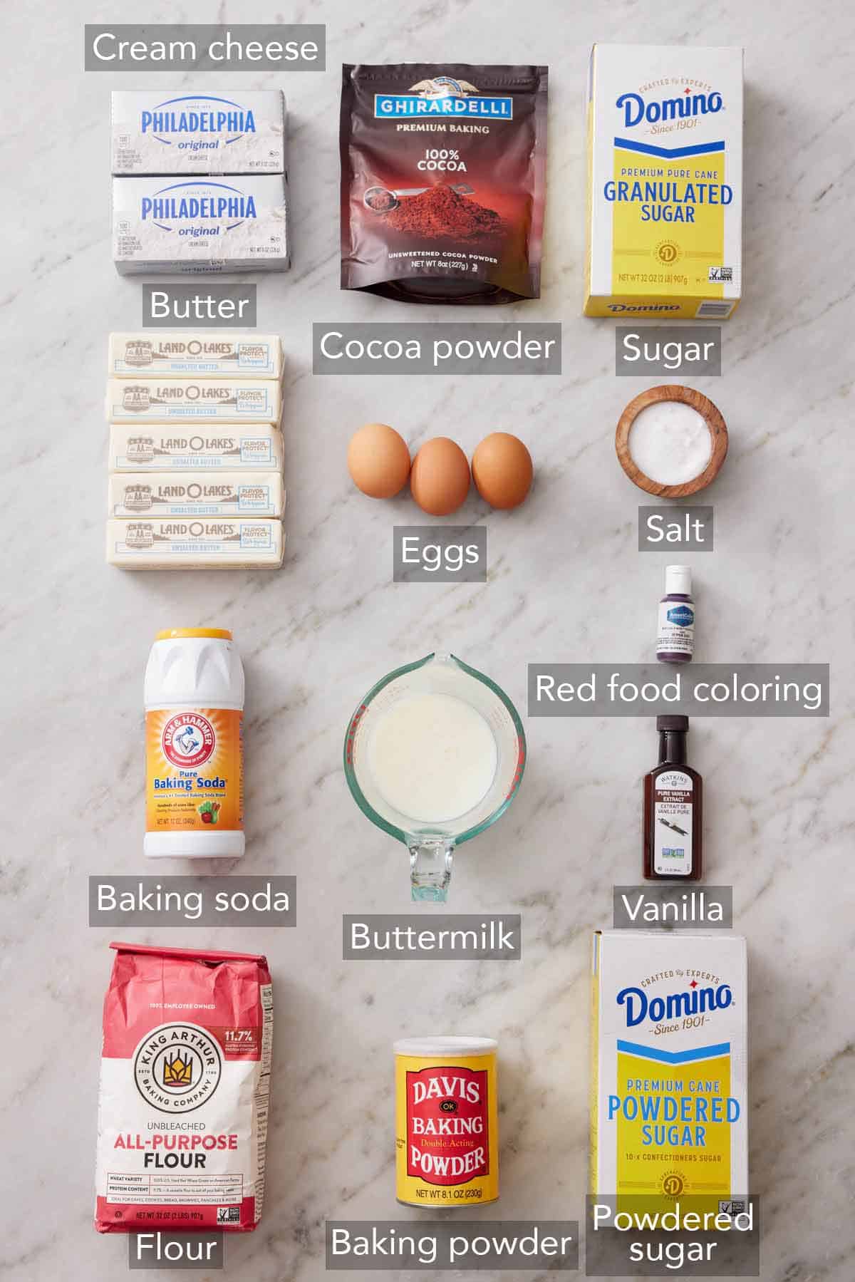 Ingredients needed to make red velvet cupcakes.
