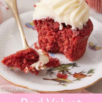 Pinterest graphic of a plate with a red velvet cupcake, half eaten, with a bite on a fork.