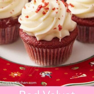 Pinterest graphic of a plate of red velvet cupcakes with some crumbed cake sprinkled over the cream cheese frosting.