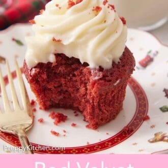Pinterest graphic of a plate with a red velvet cupcake, half eaten with a fork beside it.