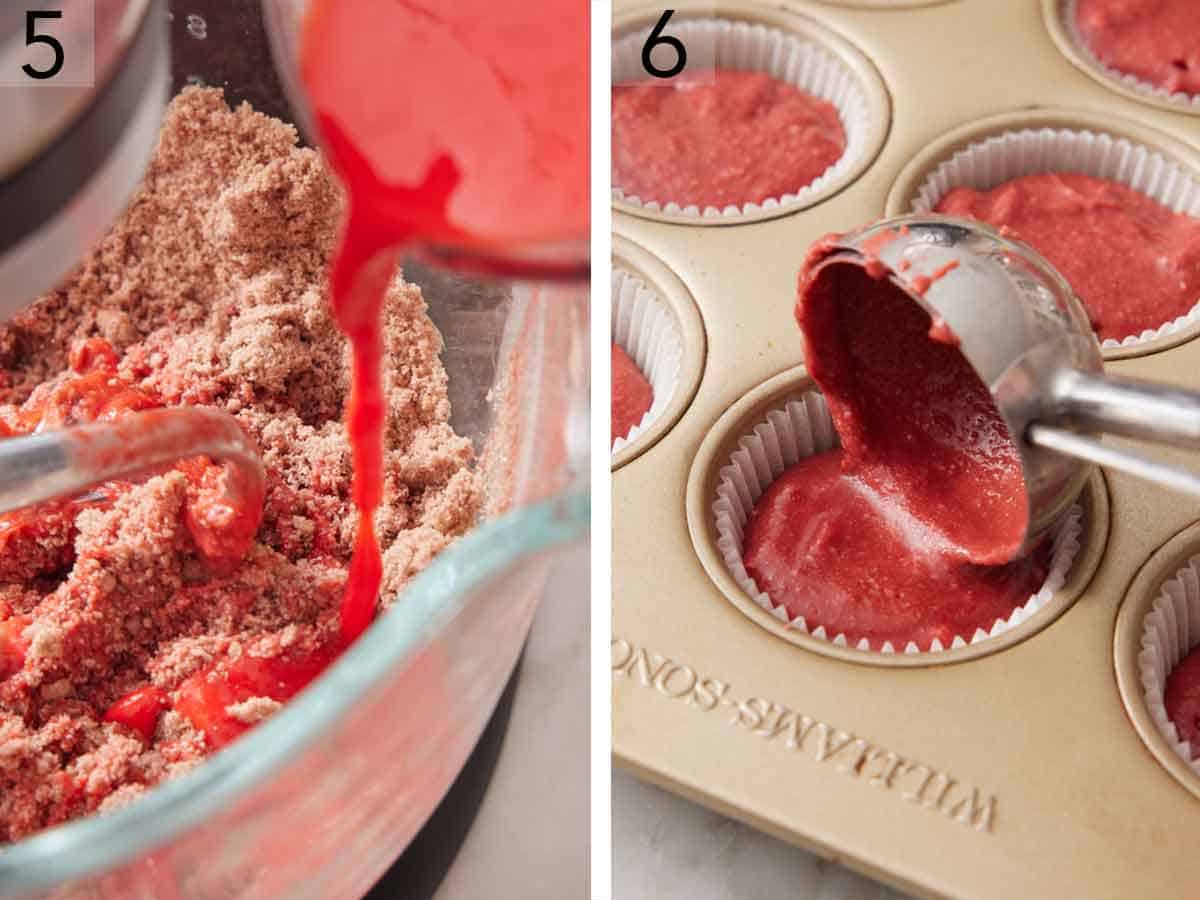 Set of two photos showing wet ingredients poured into dry ingredients in a mixing bowl and batter scooped into a cupcake tin.