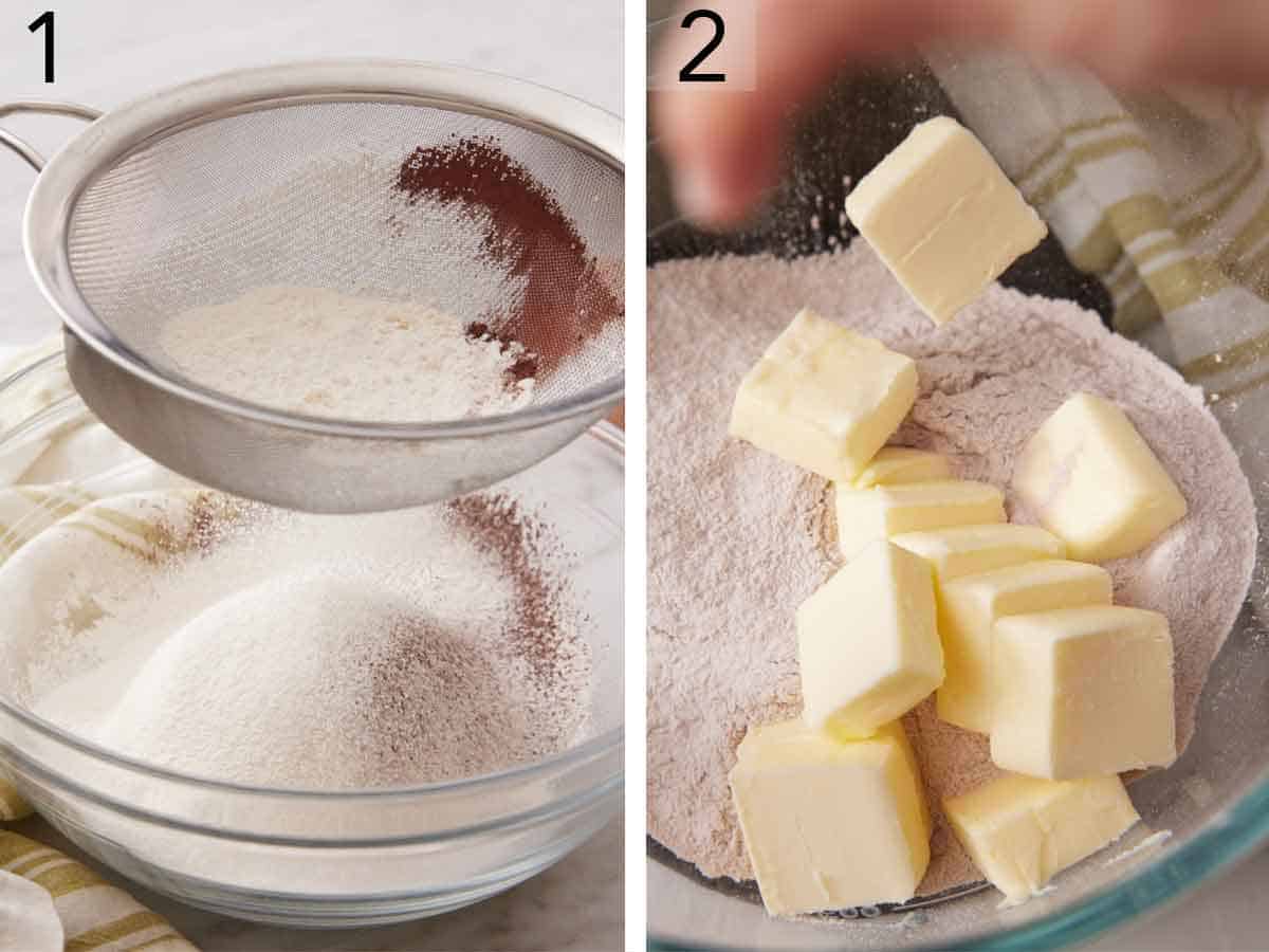 Set of two photos showing dry ingredients sifted together and cubed butter added.