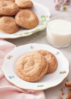 A plate with two snickerdoodle cookies with a glass of milk and additional cookies in the background.