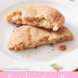 Pinterest graphic of a plate with a snickerdoodle cookie torn in half, showing the interior.