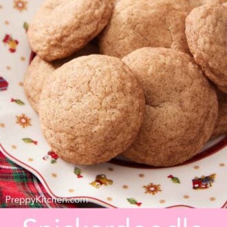 Pinterest graphic of a plateful of snickerdoodle cookies.